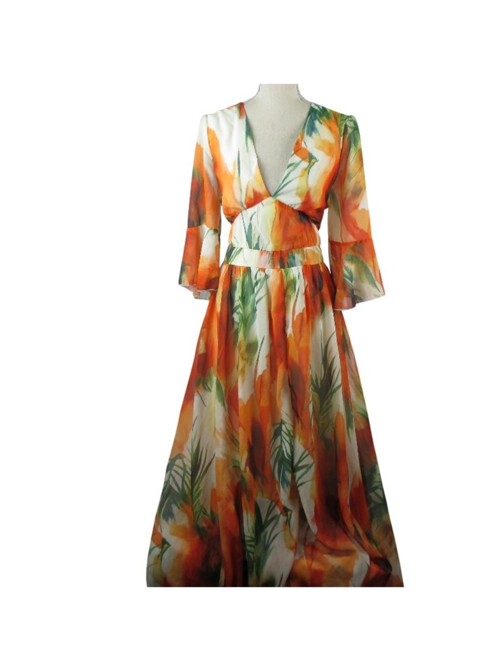 Floral Print Maxi Dress Bell Sleeves V-Neck Lightweight XL Colorful Whimsical